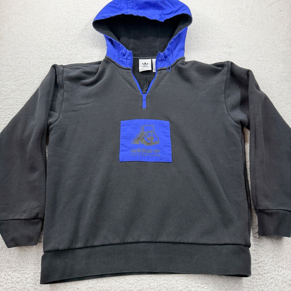 Adidas Adventure Logo Bear Graphic Fleece Lined Hoodie Black Blue Men's S